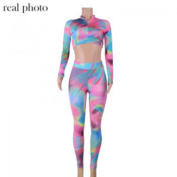 Tye Die Fitness Active Wear Women Matching Sets Sporty Workout Two Piece Tracksuits Long Sleeve Top And Leggings Set